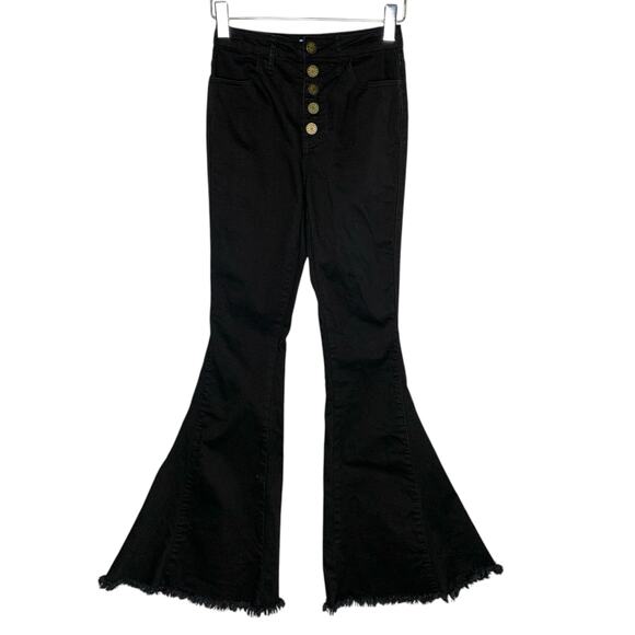 Show Me Your Mumu 25 Berkeley Button Up Bells Pitch Black Flare Raw Hem - Picture 2 of 12